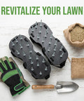 Heavy Duty Lawn Aerator Shoes With Stainless Steel Nails, Adjustable Straps on white background with gardening tools