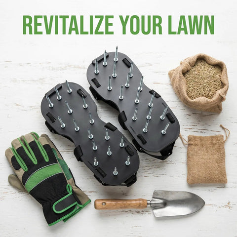 Heavy Duty Lawn Aerator Shoes With Stainless Steel Nails, Adjustable Straps on white background with gardening tools
