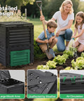 80 Gallon Outdoor Compost Bin With Snap On Lid And Aeration Vents in garden, people gardening nearby, emphasizing size and design features