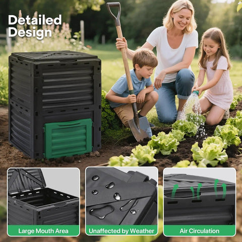 80 Gallon Outdoor Compost Bin With Snap On Lid And Aeration Vents in garden, people gardening nearby, emphasizing size and design features