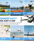 Get That Fresh 4K Drone With Camera For Adults Featuring A Nifty 5 Inch FPV Touchscreen For Smooth Flight Control Plus Smart GPS Auto Return And Follow Me Modes Ready To Capture Epic Shots Anytime, showing various flight modes like Follow Me and Return to Home.