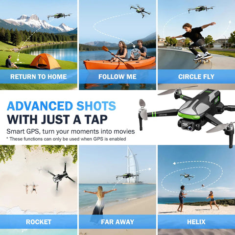 Get That Fresh 4K Drone With Camera For Adults Featuring A Nifty 5 Inch FPV Touchscreen For Smooth Flight Control Plus Smart GPS Auto Return And Follow Me Modes Ready To Capture Epic Shots Anytime, showing various flight modes like Follow Me and Return to Home.