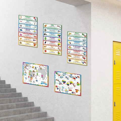 Five 12 By 18 Inch Spanish Speaking Countries Poster Set With Map for ESL Classrooms displayed on a wall with stairs.