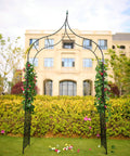 Sturdy steel garden arch for climbing plants, 8 ft 8 in tall by 4 ft 5 in wide, outdoor lawn backyard arbor with weather resistant black finish.