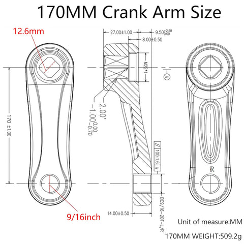 Diamond Hole Forged 6061 Alloy Bike Crank Arms For E Bikes 89Mm To 175Mm In 10 Size Options 170mm blueprint diagram