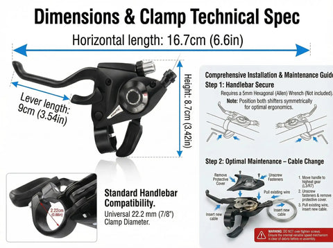 Dimensions of 3x7 Speed Shifter Brake Levers Combo For Mountain Hybrid And Road Bikes, compatibility with 22.2mm handlebars