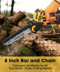 20V Max cordless pruning chainsaw with 8-inch blade cutting wood, no battery shown