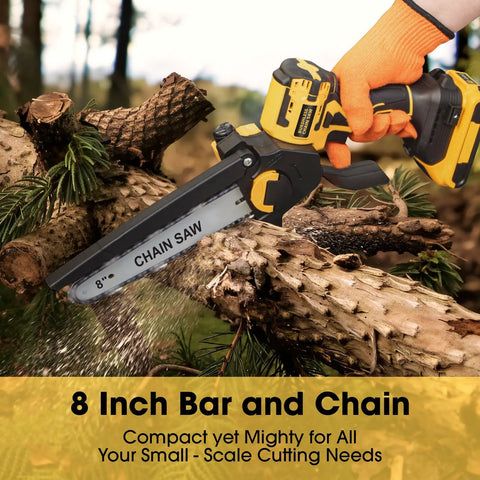 20V Max cordless pruning chainsaw with 8-inch blade cutting wood, no battery shown