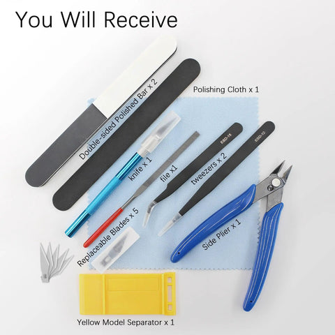 11 Piece Model Tools Kit For Hobbyists And Model Builders Pro Grade Craft Set with pliers, tweezers, blades, and cloth