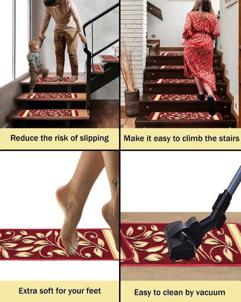 Anti Slip Stair Treads 15 Piece Red Set Pet Friendly No Slip Stair Mats With Rubber Backing Floral Design Grip for Hardwood Floors Carpets and All Step Surfaces featured on stairs