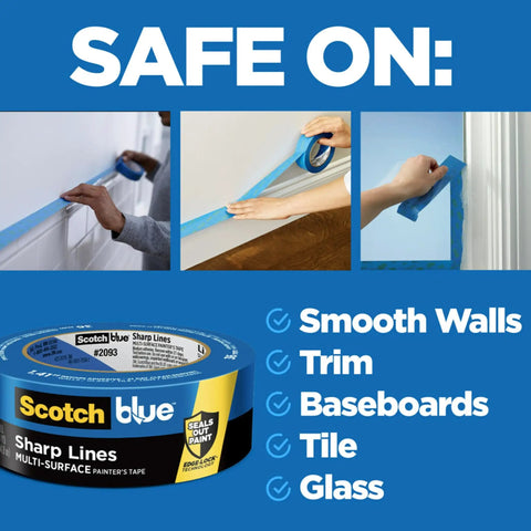 Multi Surface Painter Tape With Edge Lock For Sharp Lines, 1.88 Inch By 60 Yard, 12 Rolls In Blue packaging and application on surfaces