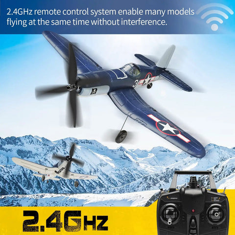 F4U Corsair RC Plane 4 Channel RTF with Xpilot Stabilization flying over snowy mountains, remote controller shown below