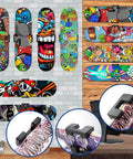 Skateboard Deck Wall Mount 360-Degree Rotating Hanger Display Rack with colorful deck designs and close-up of mount clips.