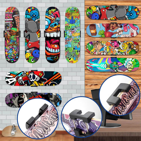Skateboard Deck Wall Mount 360-Degree Rotating Hanger Display Rack with colorful deck designs and close-up of mount clips.