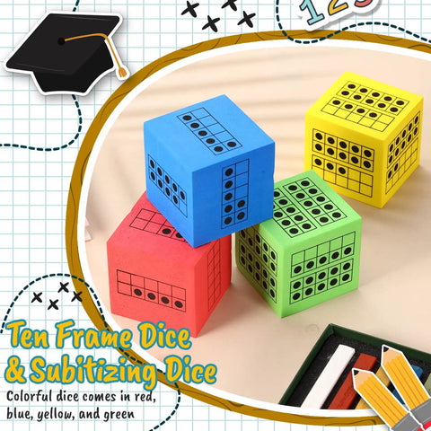 Ten Frame Foam Dice Set For Classroom Math 20 Colorful 2 Inch Dice In Red Green Blue Yellow For Subitizing Counting Skills