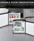 Compact Upright Freezer With Secure Lock, 1.1 Cu Ft Stainless Steel Mini Icebox For Kitchen Garage Or Dorm, Removable Slide Out Shelf displayed with reversible doors.