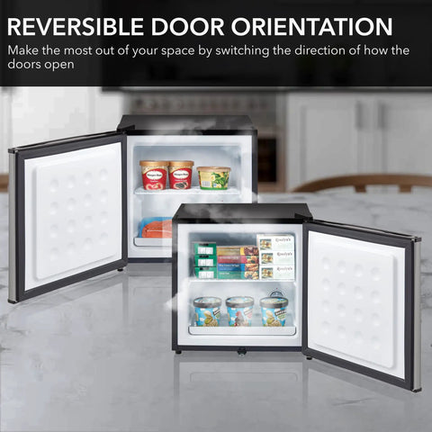 Compact Upright Freezer With Secure Lock, 1.1 Cu Ft Stainless Steel Mini Icebox For Kitchen Garage Or Dorm, Removable Slide Out Shelf displayed with reversible doors.