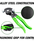 Pro Grade Stainless Steel Tube Bending Pliers For Brake Lines with green handles and ergonomic grip shown at angle