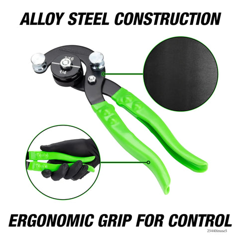 Pro Grade Stainless Steel Tube Bending Pliers For Brake Lines with green handles and ergonomic grip shown at angle
