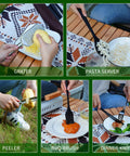 All-In-One Must-Have Camping Cookware Set 30-Piece Kitchen Tools For Outdoor Adventures in use, showing grater and utensils.