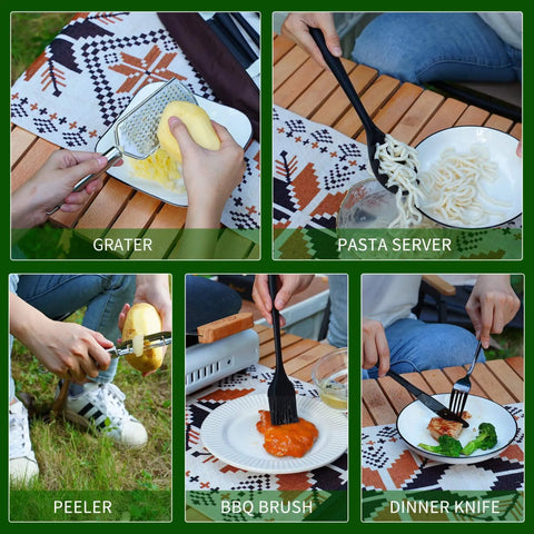 All-In-One Must-Have Camping Cookware Set 30-Piece Kitchen Tools For Outdoor Adventures in use, showing grater and utensils.