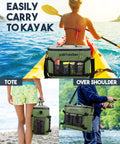 Waterproof Kayak Cooler Bag With Seat Back Design on a kayak and used as a tote and shoulder bag, portable ice chest for kayaking.