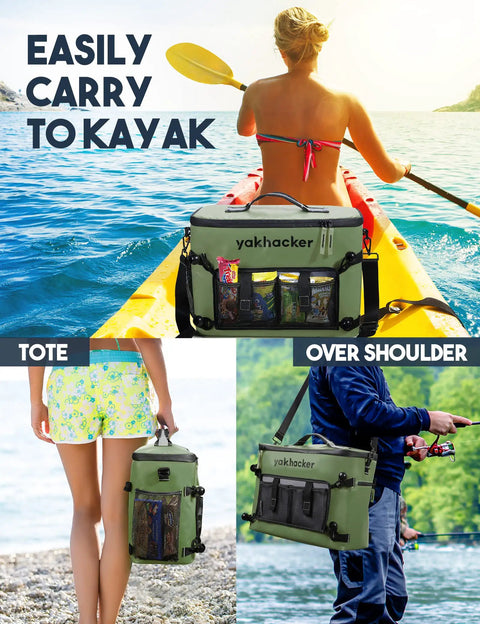 Waterproof Kayak Cooler Bag With Seat Back Design on a kayak and used as a tote and shoulder bag, portable ice chest for kayaking.