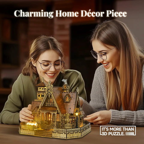 Two people assembling 3D Wood Puzzle Countryside Cottage Kit With Spark LED Lights DIY Miniature House Model For Adults