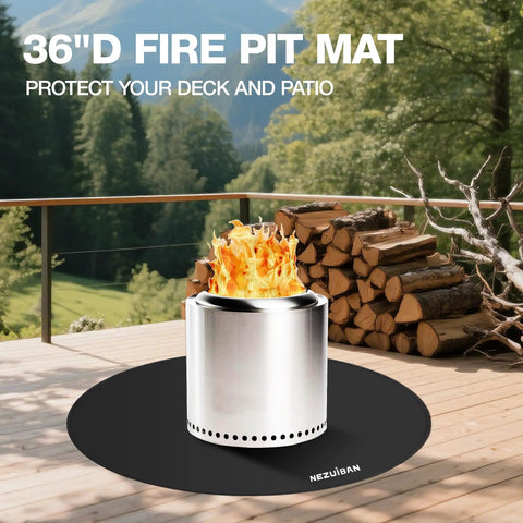 36 Inch Fire Pit Mat 3 Layer Fireproof Heat Resistant Under Grill Mat on deck with logs in background