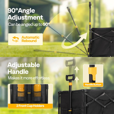 Heavy Duty Collapsible Wagon Cart With 440 Lbs Capacity, adjustable handle feature with cup holders and 90-degree angle adjustment.