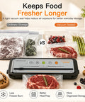 Straight Up Game Changing Compact Vacuum Sealer Machine With One Touch Automatic Sealing Dry Moist Wet And Cold Modes Eighty Kpa Suction on countertop with sealed food.