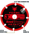 Front view of FOXBC 3-inch diamond cut-off wheel with 3/8 in arbor, red label, 3-pack for metal cutting.