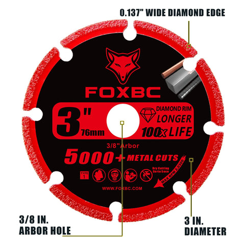 Front view of FOXBC 3-inch diamond cut-off wheel with 3/8 in arbor, red label, 3-pack for metal cutting.