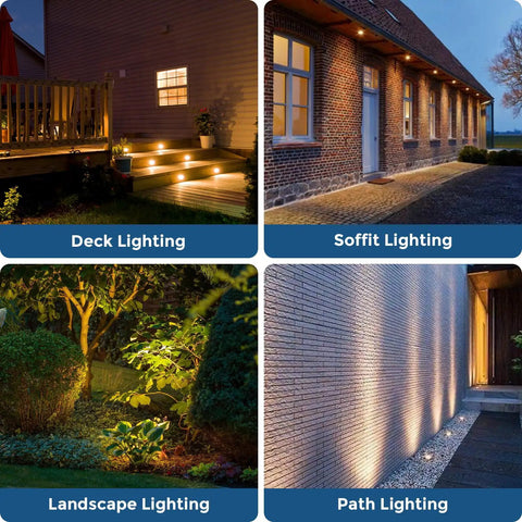 Deck, soffit, landscape, and path lighting with heavy duty outdoor recessed LED lights for soffit and deck flush mount.