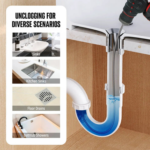 Auto Feed Drain Auger 120V 23 Foot Drain Snake For Three Quarter To Two Inch Pipes Unclogs Sinks Showers Floor Drains And Outdoor Drains Kit in use showing diverse unclogging scenarios.