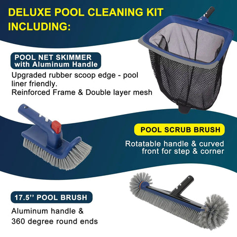 All In One Pool Cleaning Kit With Rubber Edge Skimmer Net And 17.5 Inch Brush Head, designed for inground and above ground pools