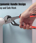 Hand using 6.5 Inch Slip Joint Pliers With Groove Joint Function on pipe fitting, ergonomic grip for easy handling.