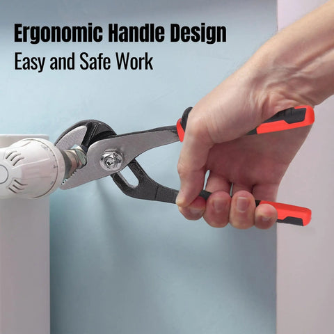 Hand using 6.5 Inch Slip Joint Pliers With Groove Joint Function on pipe fitting, ergonomic grip for easy handling.