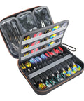 XL Dart Case With Locking Foam For On The Go Transport, black semi hard shell, holds 15 darts, flights, shafts, and tips visible