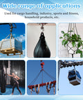 Collage showing various applications including cargo lifting, punching bag mounting, and plant hanging with wire ropes and shackles.