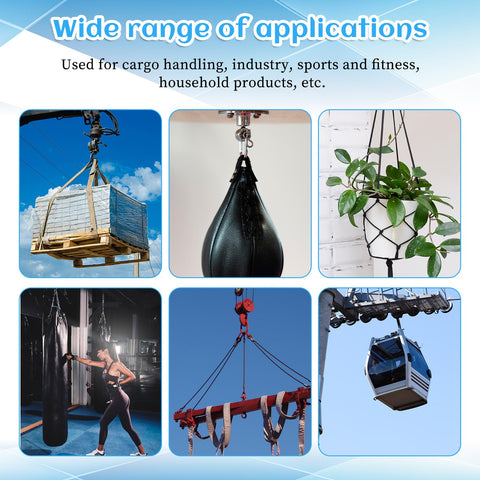 Collage showing various applications including cargo lifting, punching bag mounting, and plant hanging with wire ropes and shackles.