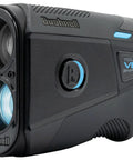 Slope Adjusted Golf Laser Rangefinder Dead Nuts Accurate With Visual Jolt Target Lock Built Like A Tank Tournament Legal Toggle Switch Sleek Black Finish close-up view showing lenses and buttons.