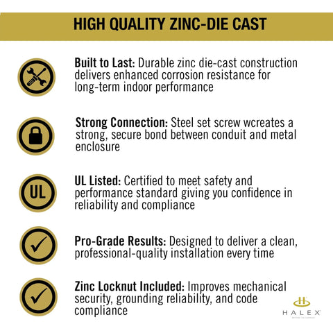 Image highlighting features of Three Eighths Inch AC BX Cable Set Screw Connector for FMC and Armored Cable, Indoor Use, Zinc Die Cast.