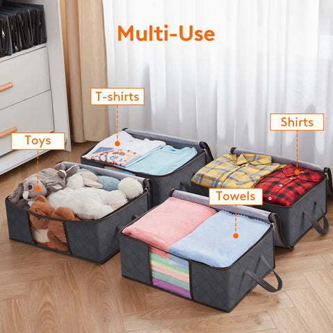 8 Pack Foldable Closet Storage Bins With Clear Windows And Reinforced Handles filled with toys, shirts, towels, and T-shirts