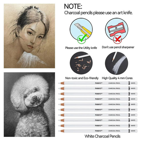 14 Piece White Charcoal Pencil Set For Drawing And Sketching, Pro Grade White Chalk Pencils With Art Knife, Erasers, Blending Stumps, Non-Toxic, Smooth Shading And Highlighting For Beginners To Pros with illustrations and usage tips displayed.