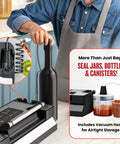 Heavy Duty Vacuum Sealer Machine Packing 90Kpa Suction And Double Seal To Keep Your Groceries Farm Fresh Built In Cutting Blade And Removable Drip Tray, sealing a bottle and jars for airtight storage.