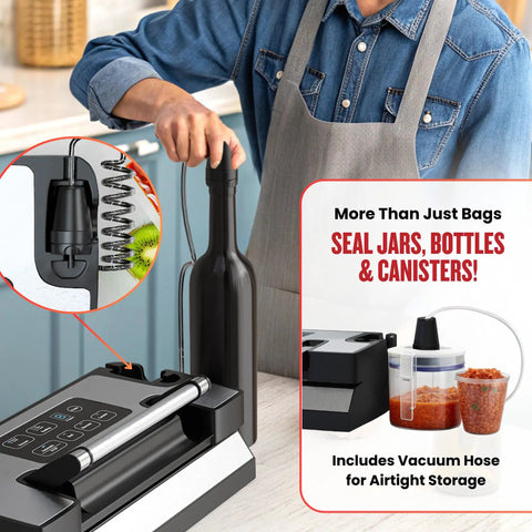 Heavy Duty Vacuum Sealer Machine Packing 90Kpa Suction And Double Seal To Keep Your Groceries Farm Fresh Built In Cutting Blade And Removable Drip Tray, sealing a bottle and jars for airtight storage.