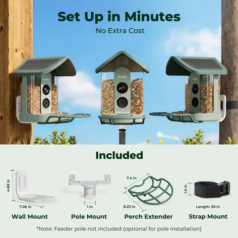 Three Solar Powered Smart Bird Feeders With Camera AI Species ID 8MP Photos And 4K Ultra HD Video Live Stream For Outdoors displayed.