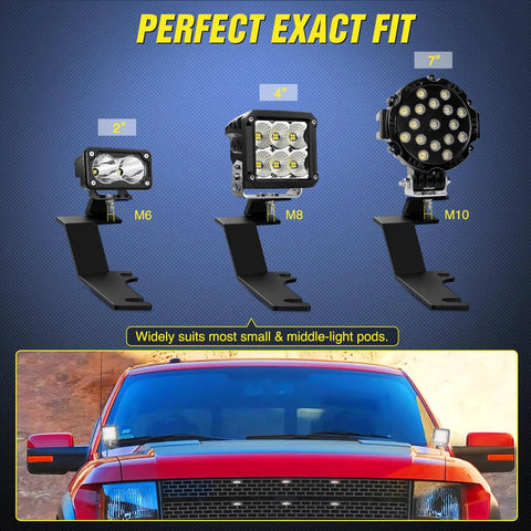 Heavy Duty Ditch Light Bracket Kit For Ford F150 Raptor Hood Hinges Mounts For Offroad LED Pods And Work Lights 2015 2016 2017 2018 Built Tough With Bigger Holes To Fit 2 Inch To 7 Inch LED Pods, showcased with 2in, 4in, and 7in LED pods.