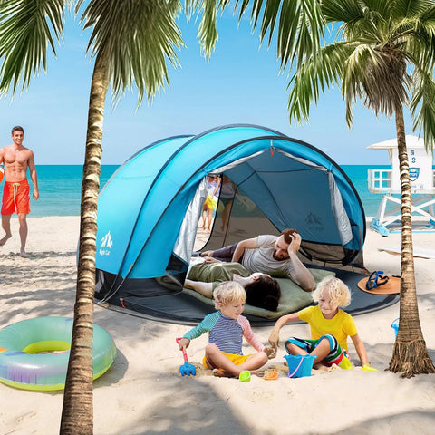 Pop Up Beach Tent For 2 To 4 People Large Sun Shade Shelter With Instant Setup on sunny beach with family relaxing and playing